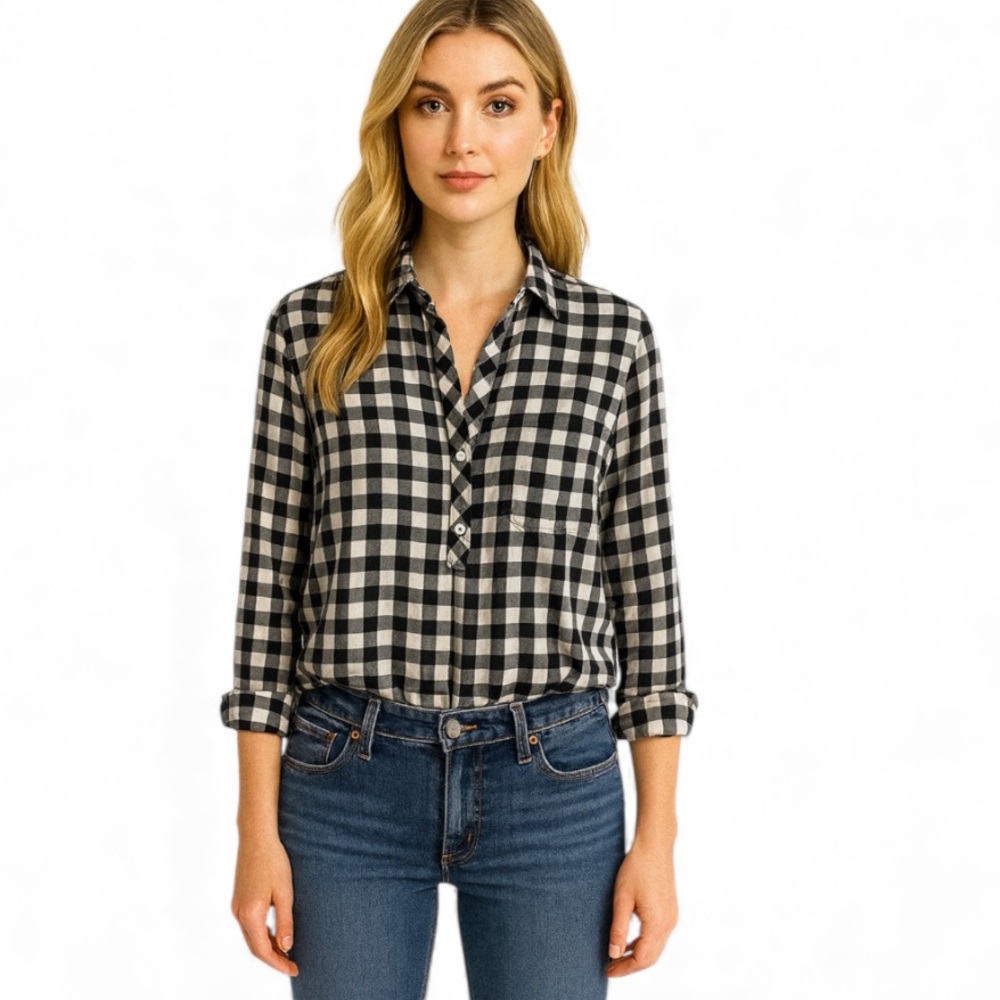 J Crew Half Button Up Flannel Shirt Sz M